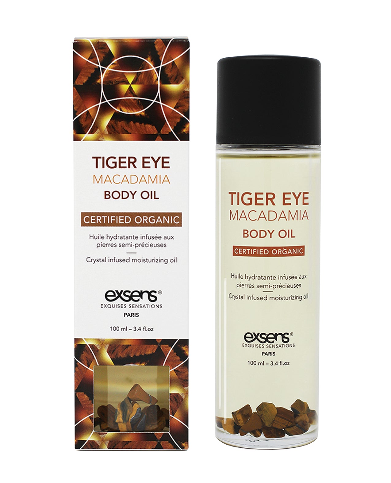 Exsens Body Oil Crystal-Infused with Tiger Eye Stones and Macadamia Oil for Daily Skin Nourishment