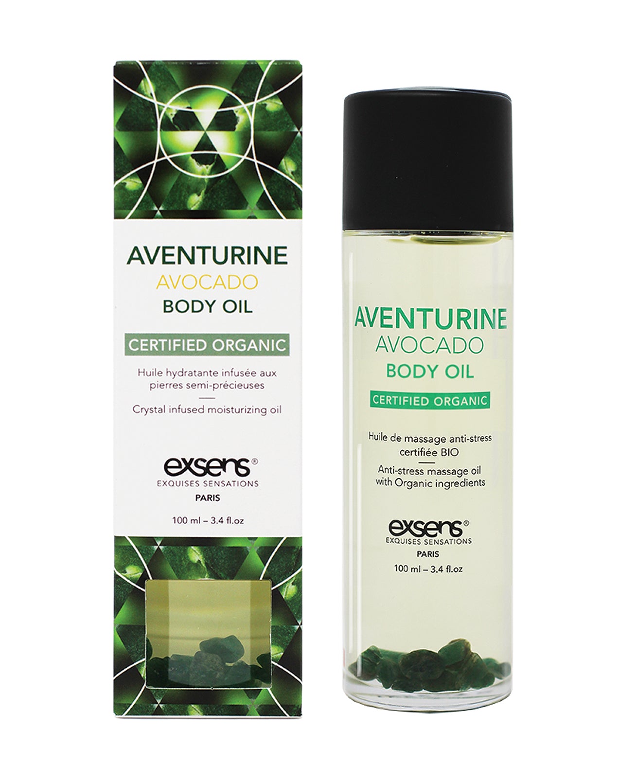 Exsens Organic Body Oil with Aventurine Crystals Avocado Oil Blend for Nourishing Skin and Hair