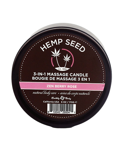 Earthly Body Hemp Candle Moisturizing Massage Oil with Zen Berry Rose Scent for Relaxing Ambiance and Skin Hydration