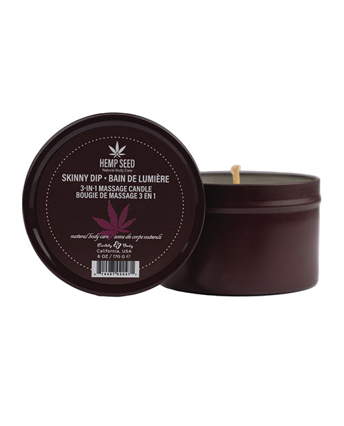 Earthly Body hemp massage candle with vanilla and cotton candy scent in 6 oz tin for relaxation and skin moisturizing