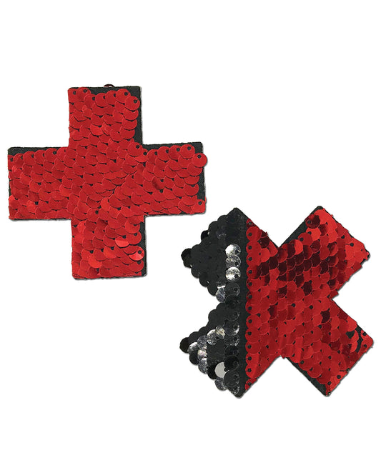 Pastease Color Changing Flip Sequins Cross Nipple Pasties - Red/Black