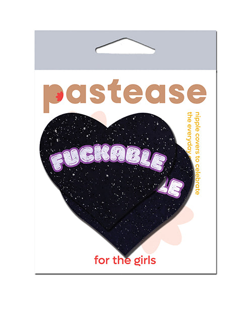 Pastease Heart Breast Pasties Black Glitter Velvet with Pink Bold Text for Playful Lingerie Statement