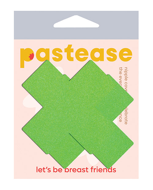Pastease Neon Green Cross Nipple Pasties Black Light Reactive Lycra Waterproof Adhesive for Festival Wear