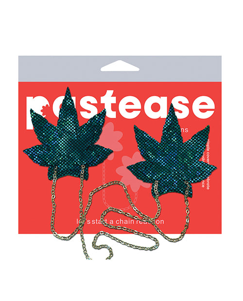 Pastease Nipple Pasties Green Weed Leaf Shattered Glass Effect with Gold Chain for Party Wear Lingerie