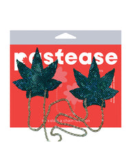 Pastease Nipple Pasties Green Weed Leaf Shattered Glass Effect with Gold Chain for Party Wear Lingerie