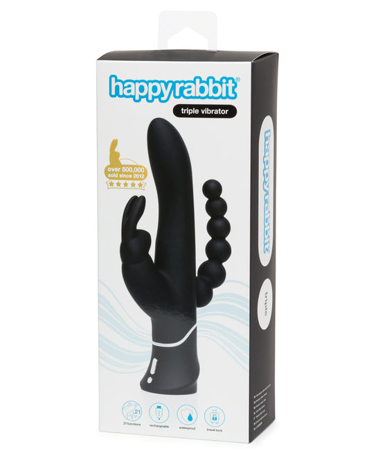 Happy Rabbit Vibrator Triple Curve Black Silicone 3 Motors Waterproof for Multi-Zone Stimulation
