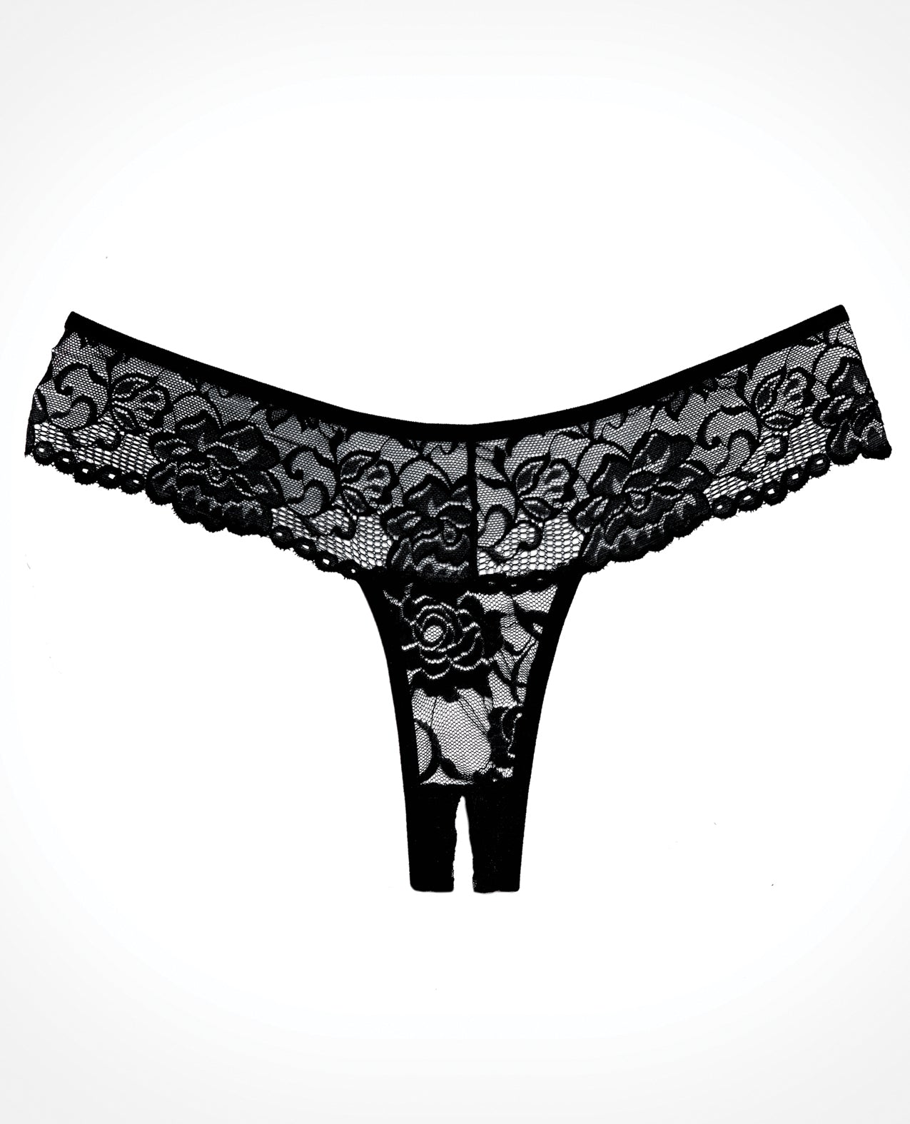Sheer Lace Thong Panty with Scalloped Trim in Black
