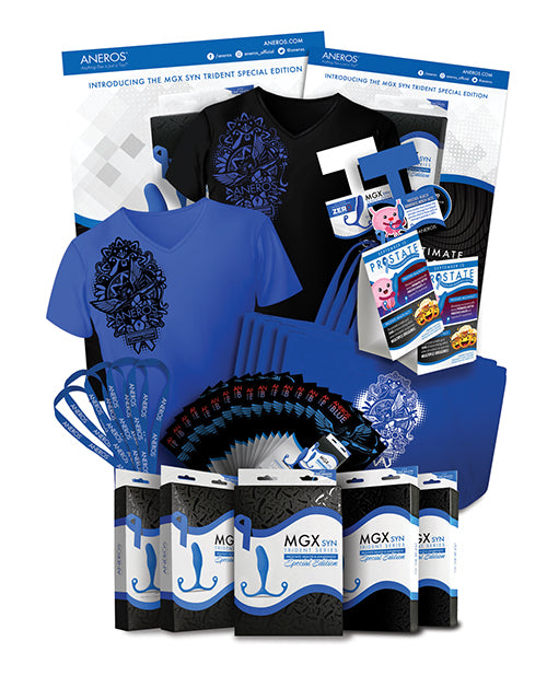 Aneros Promo Kit with Blue MGX Syn Trident, Tote Bags, Lanyards, and Posters for Event Marketing