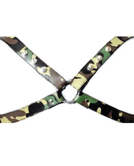 Sensual Sin Leather X Harness camouflage print adjustable snap buttons for bondage or clubwear