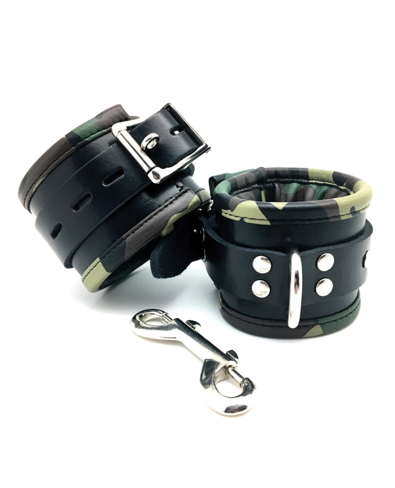 Sensual Sin Bondage Wrist Cuffs with Camouflage Piping and Padding for Secure and Comfortable Restraint