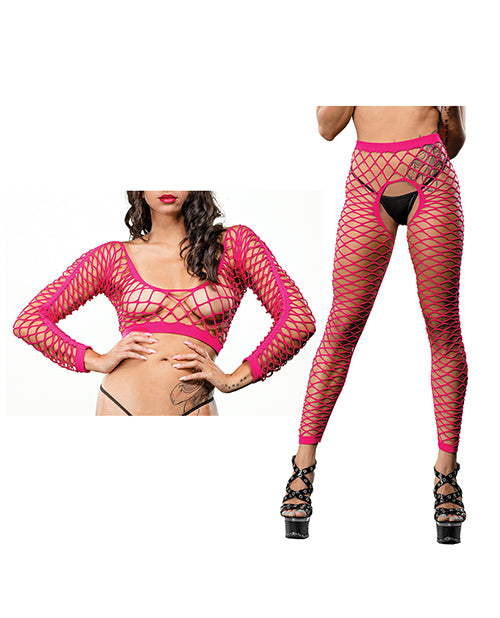 Beverly Hills Naughty Girl Lingerie Pink Mesh Crotchless Leggings Convertible Crop Top Versatile Lingerie Wear