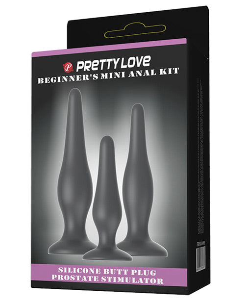 Pretty Love Anal Products Black Silicone Butt Plugs Set of 3 with Curved Design for Comfortable Beginner Anal Play