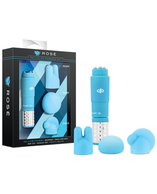Rose Vibrator Massage Kit with Blue Silicone Attachments and Ergonomic Design for Precise Tension Relief