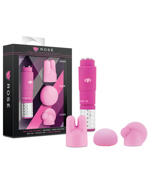 Rose Vibrator Massage Kit Pink with Three Silicone Attachments for Targeted Tension Relief