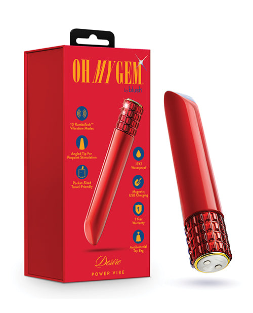 Blush Oh My Gem Desire Bullet Vibrator with Ruby Gem Accents and Angled Precision Tip for Intimate Stimulation