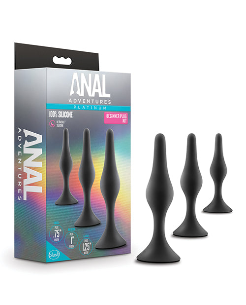 Anal Adventures Silicone Beginner Plug Kit with StayPut design and three tapered sizes for comfortable anal training
