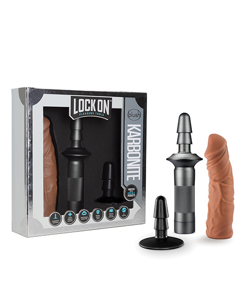 Lock On Strap On Kit Karbonite Handle with Mocha Realistic Dildo and Suction Cup for Versatile Pleasure