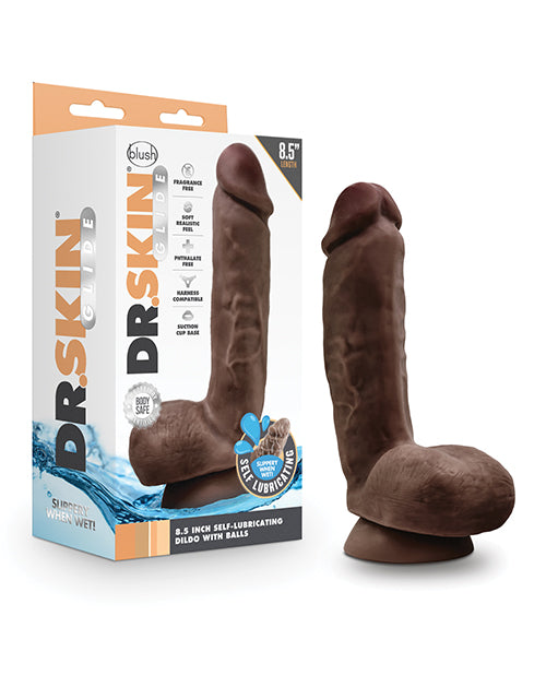 Dr. Skin Glide Dildo 8.5 Inch Self-Lubricating Suction Base Realistic Chocolate for Versatile Intimate Use