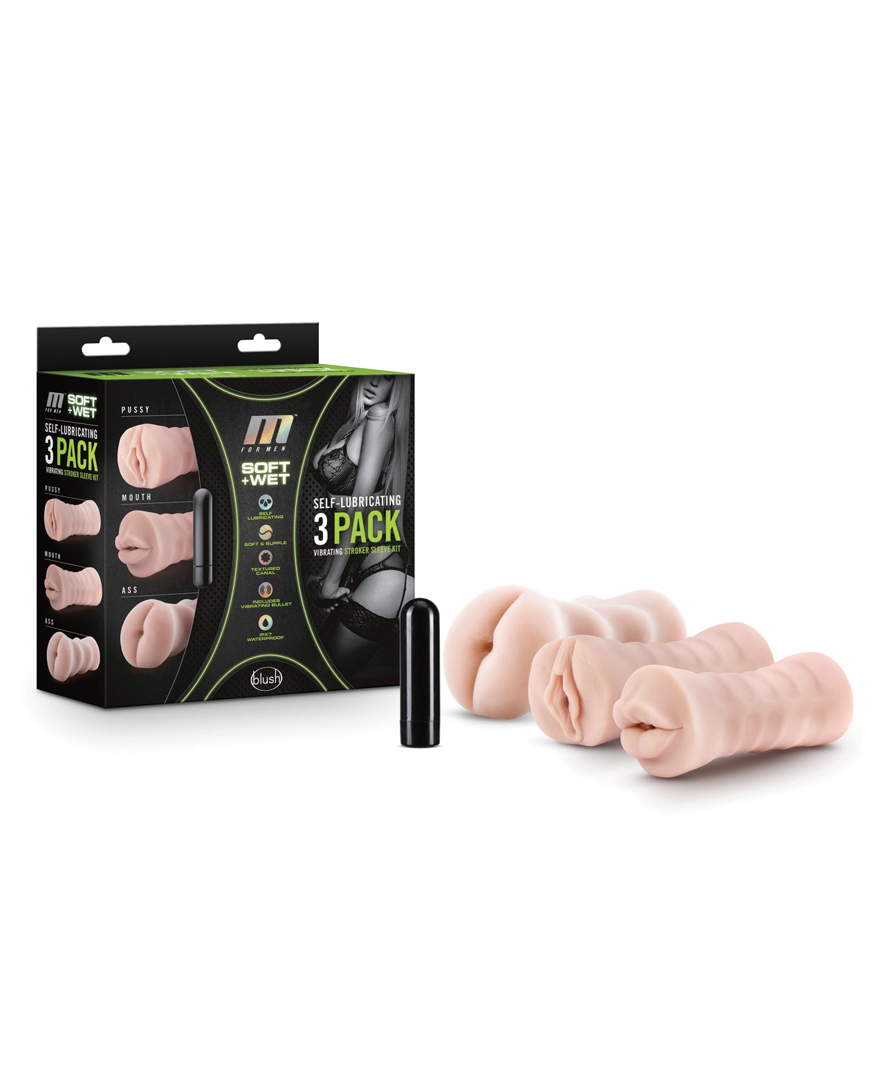 M for Men Stroker Sleeve Kit Self-Lubricating Vibrating Bullet Vanilla for Realistic Solo Sensation