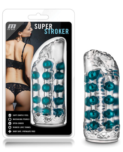 M for Men clear male masturbator with pleasure pearls and ribbed canal for intense solo stimulation