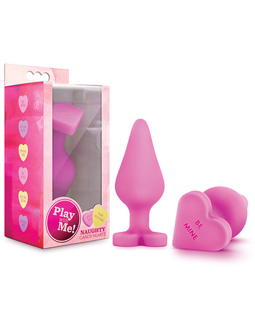 Play With Me Anal Plug pink heart-shaped silicone soft satin finish with 'Be Mine' message for playful and safe anal exploration