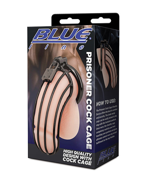 Blue Line Bondage Cock Cage Stainless Steel Ergonomic Curved Design with Padlock for Secure Restraint