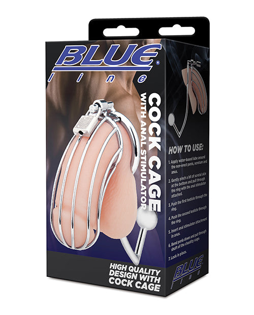 Blue Line Bondage Restraint Metal Cock Cage with Anal Stimulator and Perineum Extension for Erotic Control