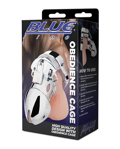 Blue Line Bondage Restraint Silver Male Chastity Cage with Adjustable Ring and Ventilation Openings for Prolonged Control