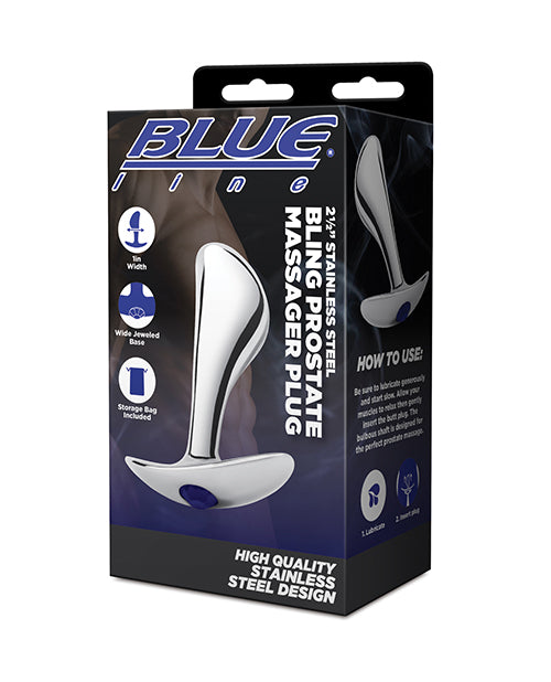 Blue Line Prostate Massager Plug Stainless Steel Tapered Tip Sparkling Gem for Targeted Anal Stimulation