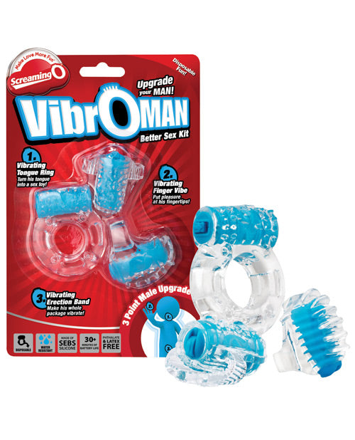 Screaming O VibrOMan Blue men's stimulator with three mini vibes and stretchy design for versatile intimate play