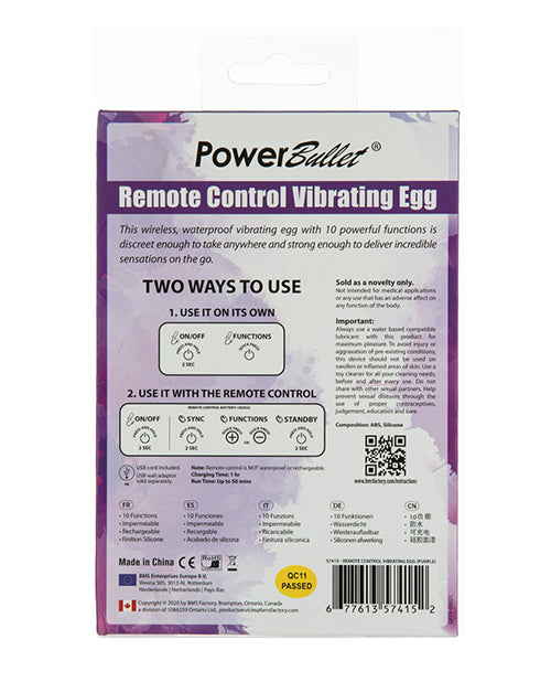 PowerBullet Remote Control Vibrating Egg with Wireless Waterproof Design - Purple