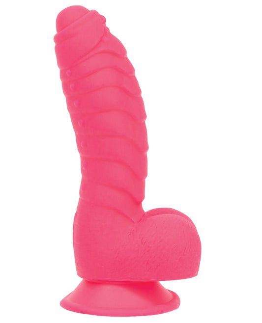 Hot Pink Silicone Ribbed Dildo with Suction & Harness Compatibility