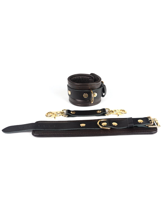 Brown Leather Wrist Restraints with Gold Accent Hardware by Spartacus