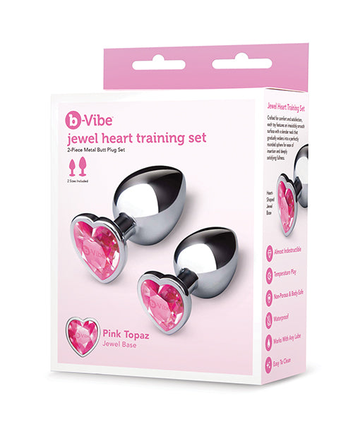 b-Vibe Anal Products Jewel Heart Metal Butt Plug Set with Pink Gem Base and Smooth Metal Finish for Beginner-Friendly Anal Play