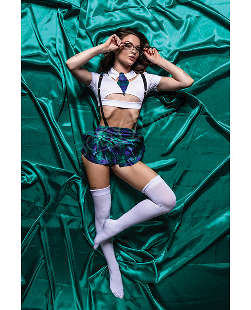 Role Play Costumes Sultry School Babe 6-Piece Set in Green with Skirt and Accessories for Role Play and Themed Dress-Up