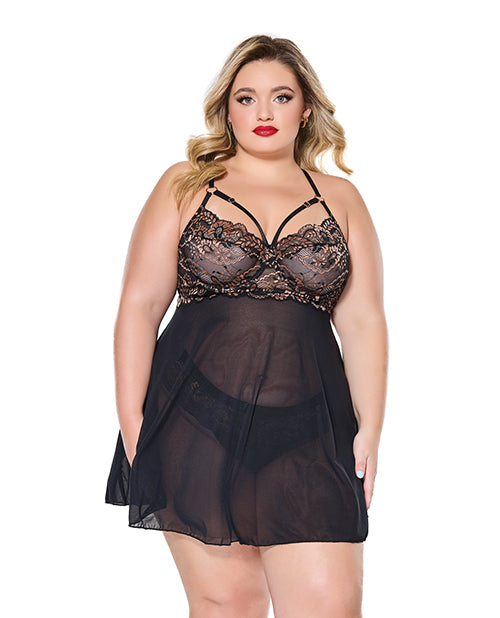 Coquette Lingerie Plus Size Babydoll Underwire Lace Mesh Black Rose Gold for Curves and Comfortable Fit