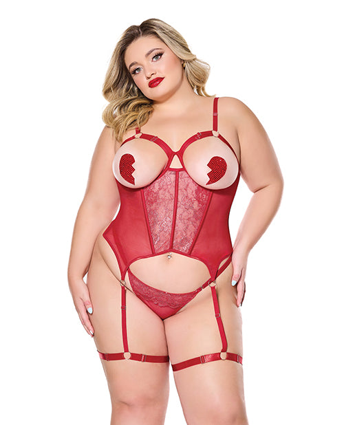 Coquette Plus Size Bustier Metallic Stretch Lace Mesh with Thong for Flattering Lingerie Wear