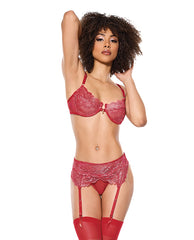 Coquette Lingerie Red Metallic Stretch Lace Underwire Bra Crotchless Garter Panty for Lingerie Enthusiasts