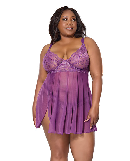 Coquette Plus Size Lingerie Metallic Lace Mesh Babydoll Set with Adjustable Straps for Flattering Fit