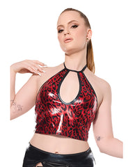Darque Lingerie Metallic Wet Look Keyhole Halter Top Plus Size Red/Black for Bold Statement
