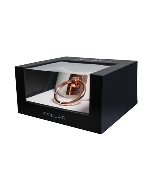 Coquette Pleasure Collection adjustable vegan leather collar with rose gold hardware and engraved plate for bondage restraint