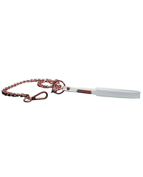 Coquette bondage leash with vegan leather strap and rose gold chain for stylish and secure bondage play
