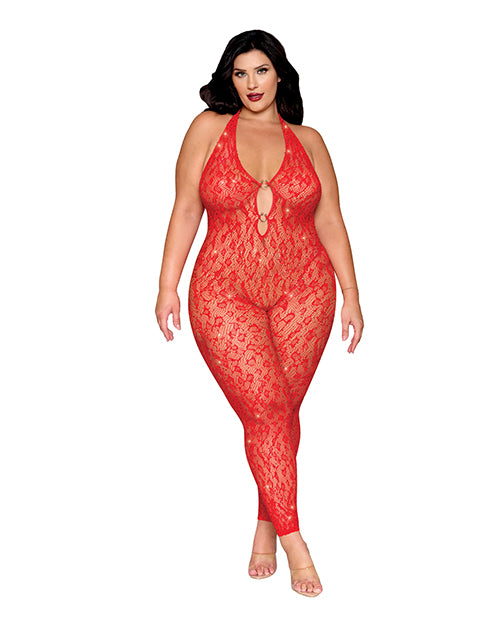 Black Diamond Leopard Pattern Bodystocking with Red Rhinestones and Gold Details for Plus Size Lingerie Fashion