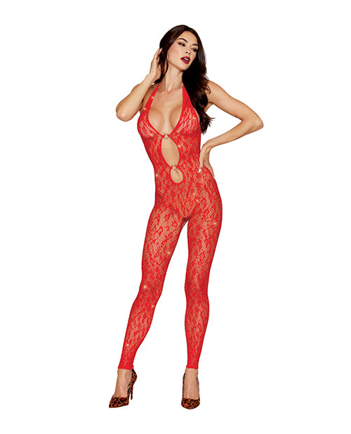 Black Diamond Leopard Pattern Bodystocking with Red Rhinestones and Halter Neckline for Striking Lingerie Style
