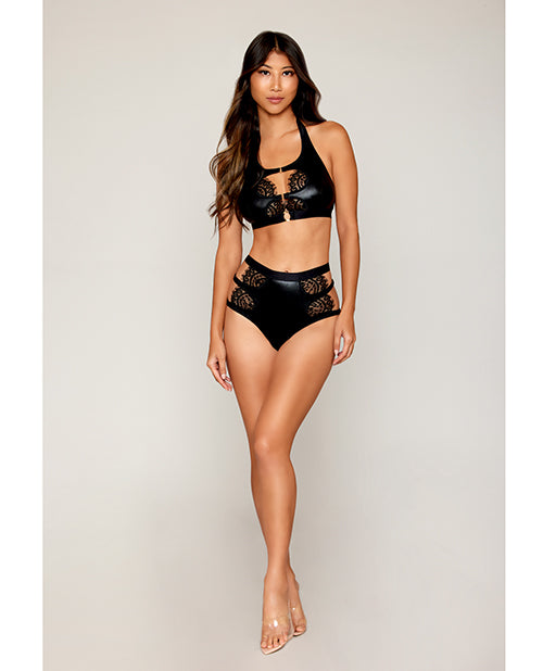 Dreamgirl lingerie set black stretch faux leather bralette with eyelash lace and gold ring accents for stylish intimate apparel