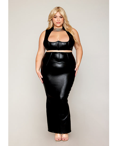Dreamgirl Plus Size Lingerie Faux Leather Harness Bra with Chain Details and Slip Skirt for Edgy Style