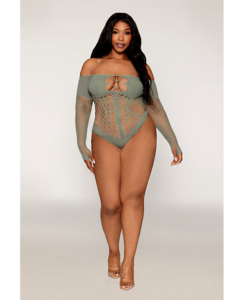 Red Diamond plus size seamless teddy with opaque and fishnet panels and removable halter chain for stylish comfort