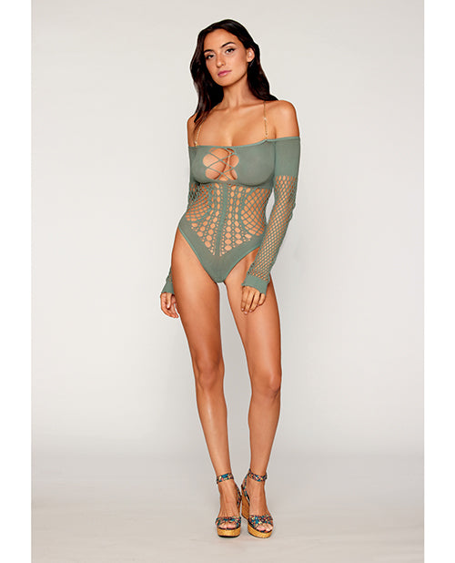 Red Diamond Lingerie Seamless Long Sleeve Teddy with Opaque and Fishnet Panels for Versatile Intimate Wear
