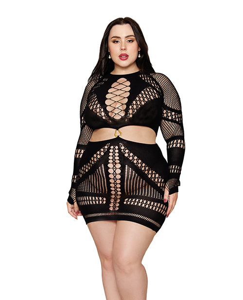 Red Diamond Plus Size Chemise Seamless with Fishnet and Gold Ring Detail for Elegant Lingerie Styling