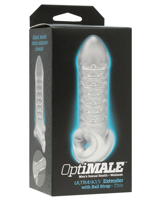 OptiMALE Penis Enhancement Thin Extender with Sheer Frosted Finish and Ball Strap for Size Boosting and Stimulating Sensation